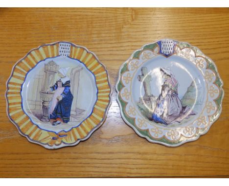 A pair of 19thC tin glazed plates depicting Breton women, 9.2" diameter - one a/f, together with an early 20thC golfing plate