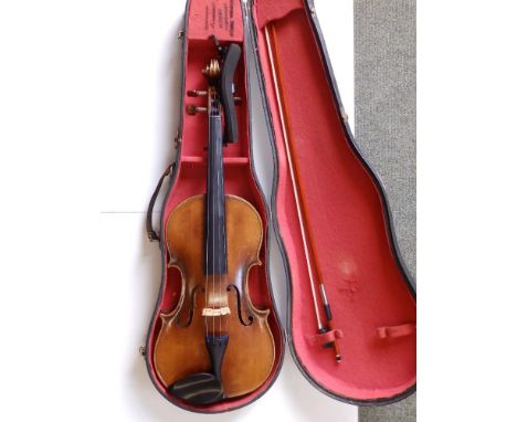 A viola &amp; bow in case, the full size viola with 15.5" two piece back and bearing Stradivarius Copy label, the bow with mo