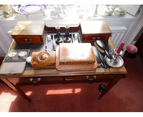 A cased travelling clock &amp; barometer set  - a/f, a wig stand and other items.  Separate viewing arrangements by appointme