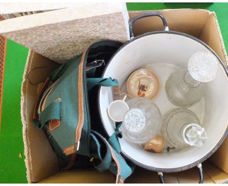 An enamel flour bin, dressing table set etc