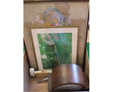 An oak mantel clock, pictures, razors etc
