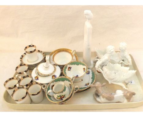 A Lladro cow, Volkstedt boys with barrows (as found) plus various tea wares etc