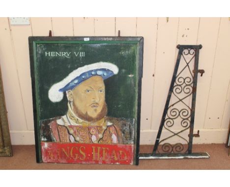 A painted wooden double sided pub sign titled 'Kings Head Henry VIII' with iron hanging bracket