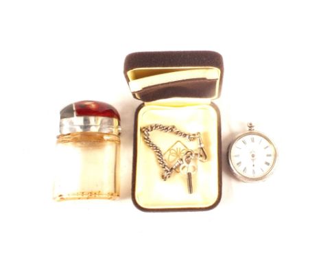 A lady's silver pocket watch plus continental silver enamel scent bottle (glass and enamel are damaged)
