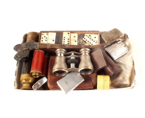 Three pocket telescopes, eastern white metal and pottery pipe plus lighters etc