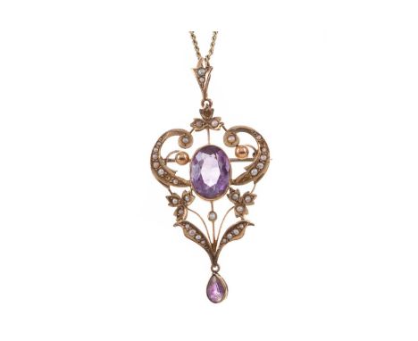 EDWARDIAN AMETHYST AND SEED PEARL HOLBEIN,set with a central oval amethyst within a seed pearl border and suspended pear shap