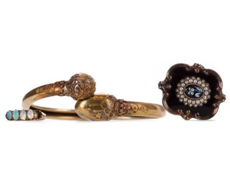 MID NINETEENTH CENTURY PEARL AND BLACK ENAMEL MOURNING BROOCH,with hairwork to the reverse, along with an unmarked partial op