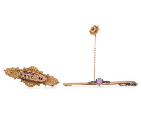 VICTORIAN RUBY AND DIAMOND BROOCH,the central panel set with old cut diamonds and rubies, marked 9CT, along with a hardstone 