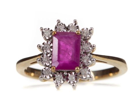 RUBY AND DIAMOND RING,the step cut ruby of approximately 0.92 carats, within an illusion set diamond halo totalling approxima