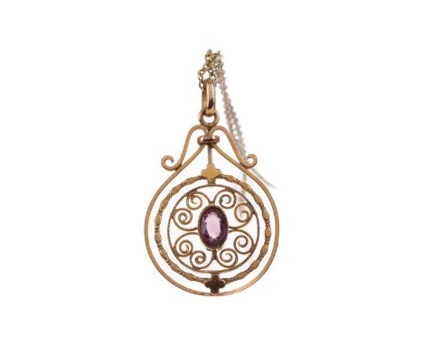 AMETHYST PENDANT,set with an oval amethyst to an openwork mount, unmarked, on a gold plated chain