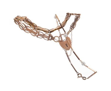 GOLD GATE BRACELET,unmarked, with nine carat gold heart shaped padlock with personal inscription, along with a nine carat gol