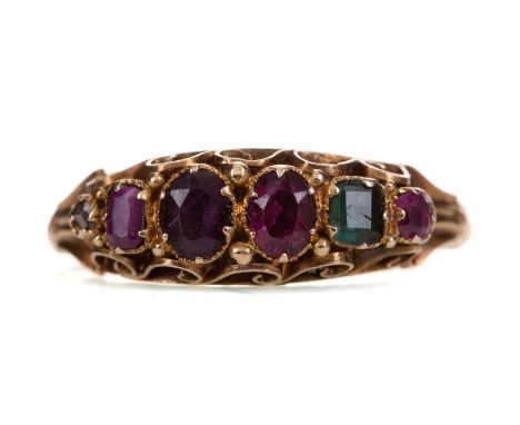 GEM SET 'REGARD' RING,set with ruby, emerald, garnet, amethyst, ruby and diamond, with Birmingham assay mark dated 1865, in f