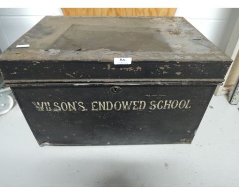 A vintage tin trunk printed with Wilson's Endowed School32cm deep x 30cm high x 48cm wide