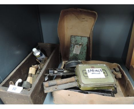 A selection of vintage household and garage hardware locks bolts etc