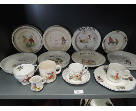 A selection of vintage baby plates cups saucers etc with transfer prints