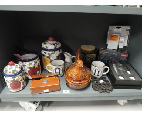 A selection of vintage ceramics and decorations including chicken form egg nest