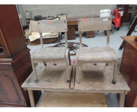 A vintage double school desk and pair similar chairs