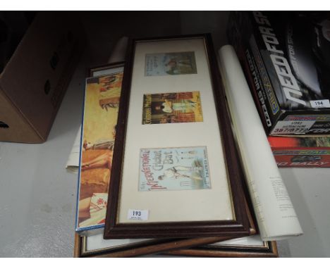 Two framed prints after R F Harnett, Explosion and Long Drive, a framed montage, cricketers, two rolled aircraft posters and 