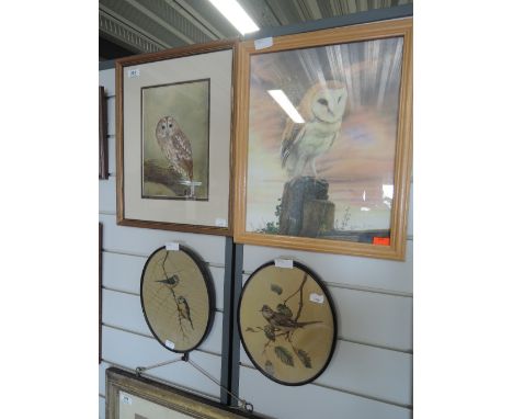Two vintage owl prints Barn and Tawny also two vintage oval prints in period frames