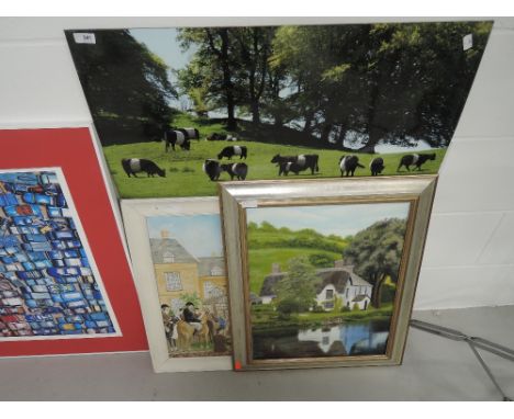 A selection of vintage oil paintings and a modern photograph of cows in field