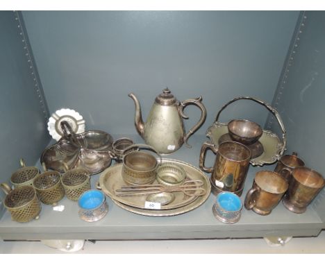 A selection of vintage plated wares including ornate cake stand