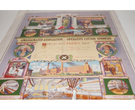 Large poster of certificate of admittance for Amalgamated association of operative cotton spinners (tear to top)