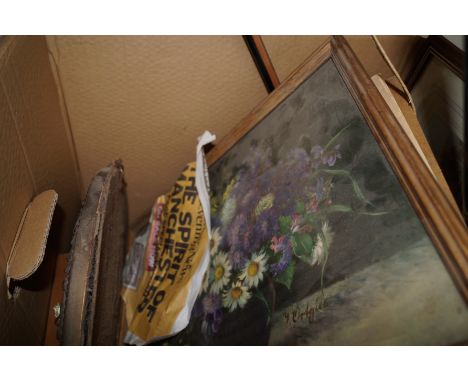 Box of prints, paintings and a mirror