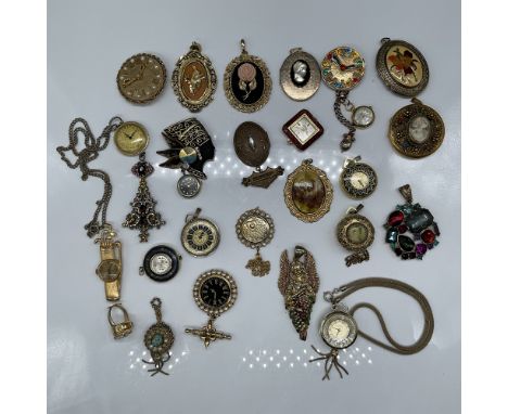 A charming collection of 26 vintage jewelry pieces, including 4 intricately designed lockets and 1 clock adjustable ring. Thi