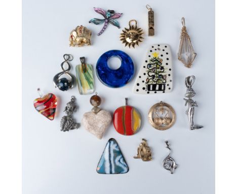A diverse collection of 18 artisan and vintage pendants crafted from a variety of materials, including glass, ceramic, metal,