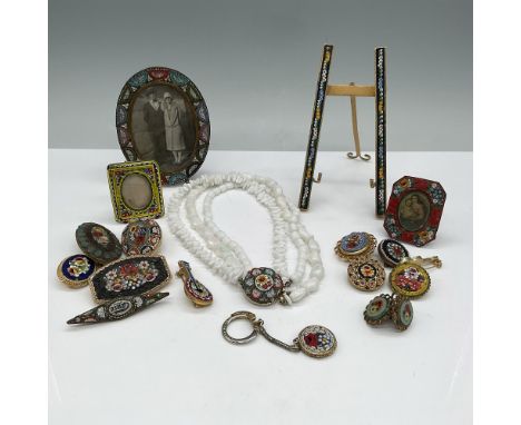 A charming collection of vintage Italian micro mosaic items, featuring intricate floral and geometric designs. The lot includ