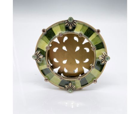 A stunning Jay Strongwater circular frame featuring intricate enamel work in green and gold hues, adorned with jeweled accent