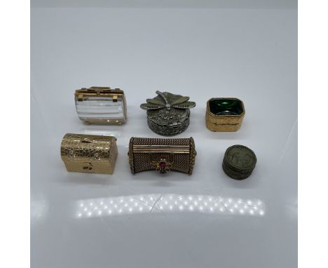 A collection of six vintage miniature boxes in various styles and materials, including metal and gold-tone finishes. This lot