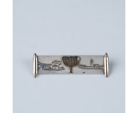 A beautifully handcrafted Israeli sterling silver brooch featuring a detailed depiction of the Jerusalem skyline alongside a 