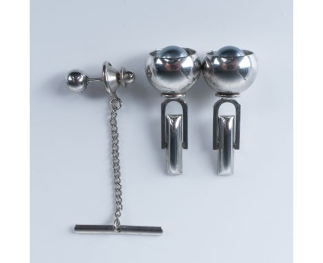 Silver tone set with blue faux pearls. The cufflinks measure just over 0.5"dia. and the tie tack is approximately 0.25"dia.Di
