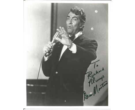 Dean Martin signed 10 x 8 inch b/w portrait photo, to Richard. Good condition. All autographs come with a Certificate of Auth