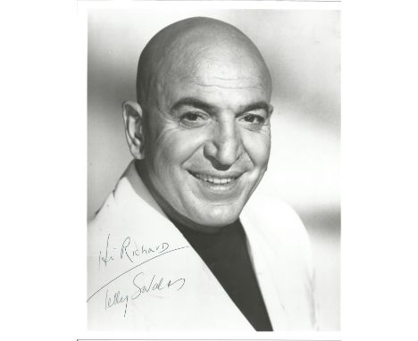 Telly Savalas signed 10 x 8 inch b/w early Kojak era portrait photo, to Richard. Good condition. All autographs come with a C