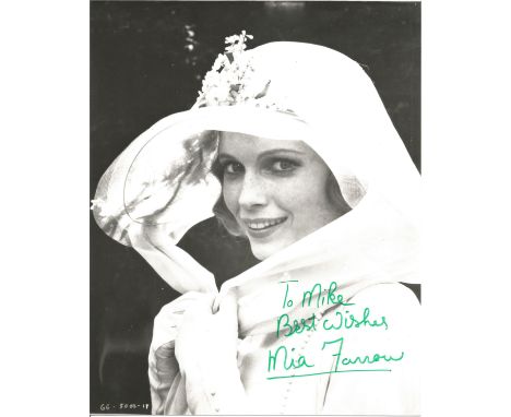 Mia Farrow signed 10 x 8 inch b/w portrait photo to Mike. Good condition. All autographs come with a Certificate of Authentic
