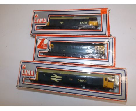 Three Lima diesel locomotives, boxes damaged, lacquered.