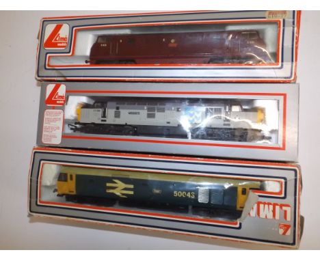 Three Lima diesel locomotives, boxes damaged, lacquered.