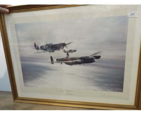 Aviation Print:- "Memorial Flight" by Robert Taylor and signed by the same also signed by "Johnnie" Johnson, Norman Jackson V