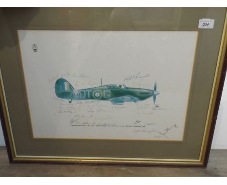 Signed aviation print:- Hurricane by Keith Broomfield (1980) signed by 24 pilots including Group Captain Sir Douglas Robert B