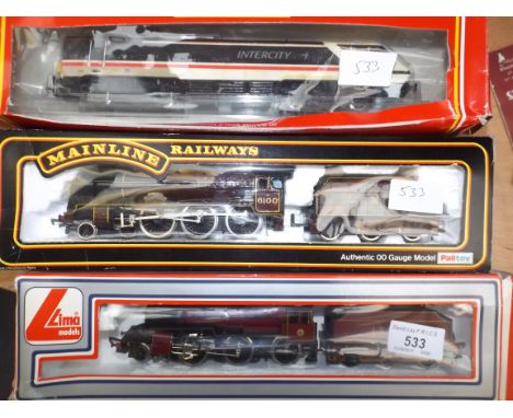 Three locomotives:- Mainline "Royal Scot" Lima 2-6-0 13000 and Hornby railways Intercity, boxes damaged, lacquered.