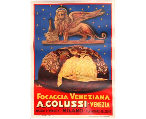 A. Colussi - Focaccia Veneziana - Venice - Original Italian Vintage Advertising poster,  design by Emka, linen backed, 39 x 5