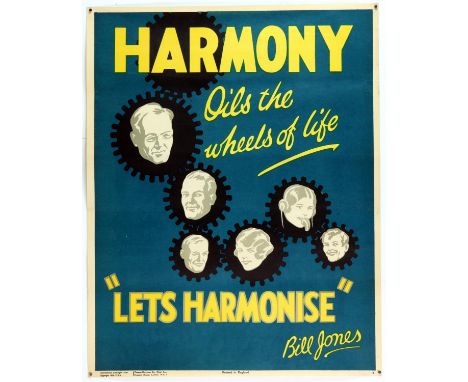 'Harmony Oils the Wheels of Life'- Original Vintage information poster by Bill Jones, Printed in England, Copyright 1928, No.
