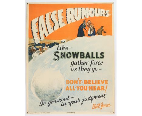 'False Rumours Like Snowballs Gather Force as They Go' - Original Vintage information poster by Bill Jones, Printed in Englan