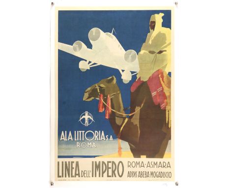 Ala Littoria S.A. Roma - Italian Vintage Travel poster, Linea Dell' Impero, linen backed, 18.5 x 27 inches. Condition Report: