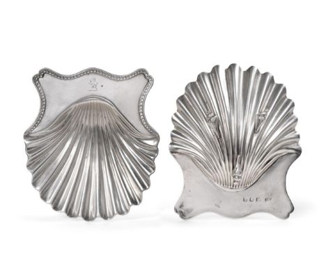 ^ A Pair of George III Silver Butter Shells, Hester Bateman, London 1782, with incuse bead border and raised on three cast sh