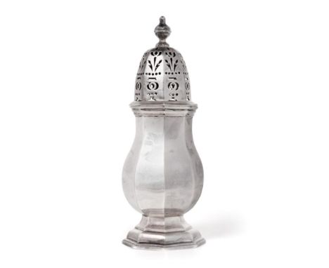 ^ A Queen Anne Silver Caster, Thomas Folkingham, London 1710, octagonal baluster form with bayonet fitting pull off pierced c