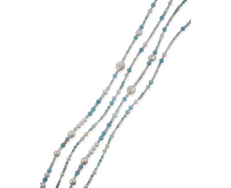 A Multi-Gemstone Bead Necklace, cultured pearls spaced by faceted and smooth polished aquamarine, pink and blue opal, peridot