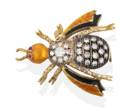 An Enamelled Diamond Set Bee Brooch, the round brilliant cut diamonds in crimped settings, the wings enamelled in yellow and 